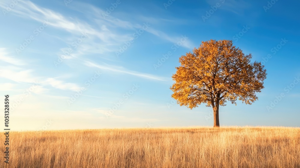 Fototapeta premium Lonely tree on a golden field under a bright blue sky.