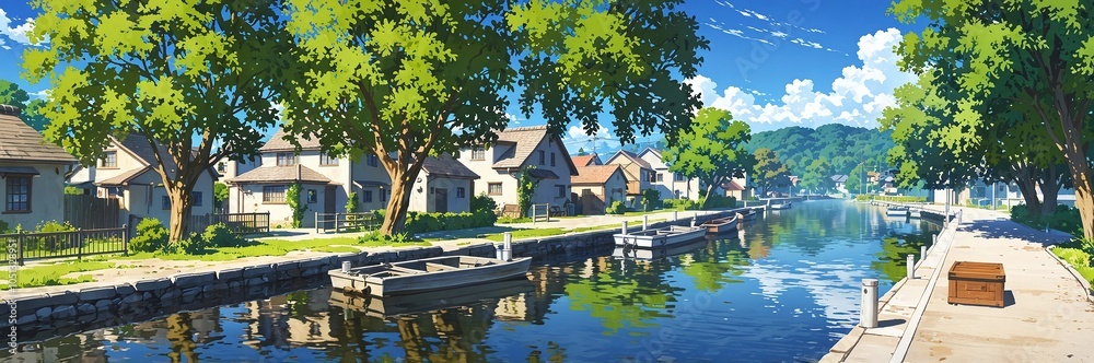 Peaceful anime riverside scene with willow trees boats and quaint village Peaceful anime riverside scene with willow trees boats and quaint village