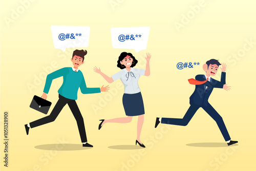Business people gossip or talk behind colleagues in the office, workplace gossip, talking behind in the office, work bullying, chatter or rumor, rudeness voice or wrong information telling concept
