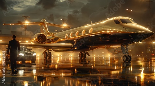 A sleek golden jet glimmers under lights in the rain, as a suited figure stands next to a luxury car, exuding sophistication