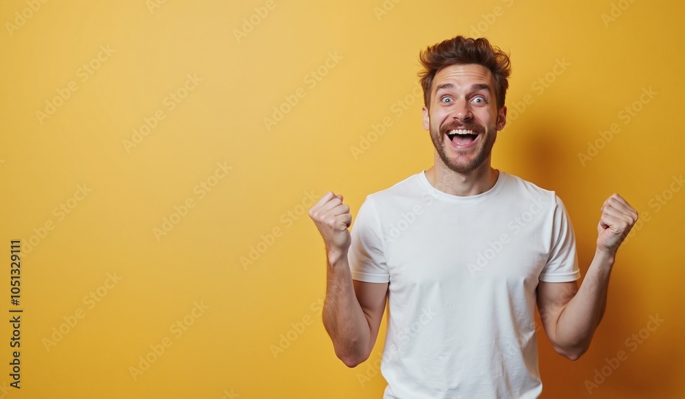 Excited Man with Enthusiastic Expression Celebrating Victory against Yellow Background with Copy Space Excited Man with Enthusiastic Expression Celebrating Victory against Yellow Background with Copy Space