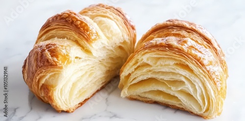Delicious flaky round croissants with crumbly layers and a rich buttery taste, perfect for breakfast or brunch.