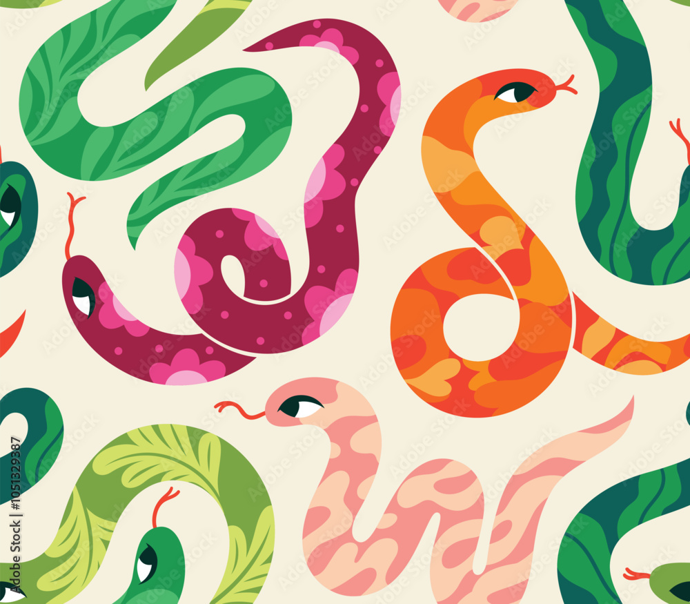 Obraz premium Tropical snakes isolated on neutral seamless pattern.