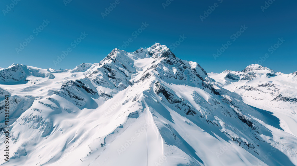 Naklejka premium Majestic snow covered peaks rise against clear blue sky, showcasing stunning beauty of winter landscapes. sharp mountain ridges create breathtaking view of natures grandeur