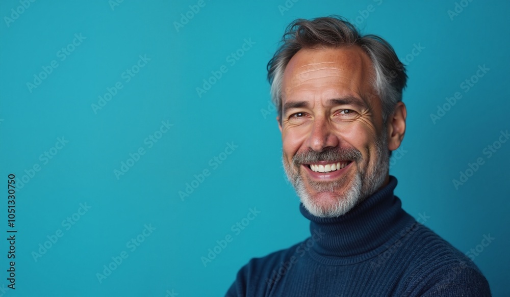 Fototapeta premium Mature Man Joyfully Smiling Against Turquoise Background with Copy Space