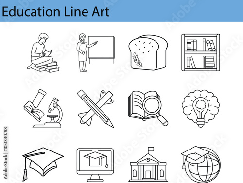 A set of 12 line art icons representing education, including students, teachers, books, a microscope, a pencil and a brain.