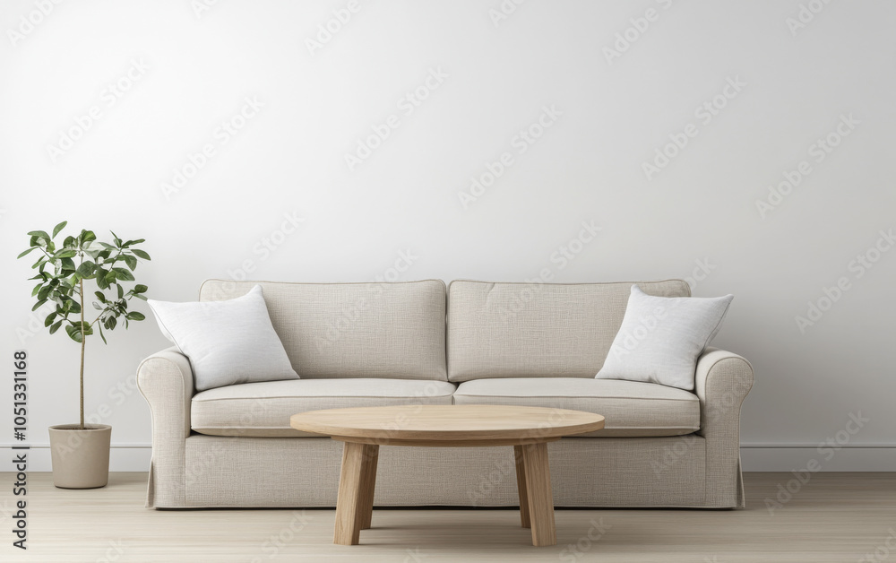 Obraz premium Comfortable beige sofa with pillows and wooden table in a minimalist living room setting
