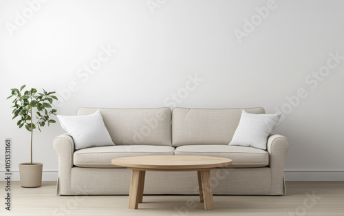 Comfortable beige sofa with pillows and wooden table in a minimalist living room setting