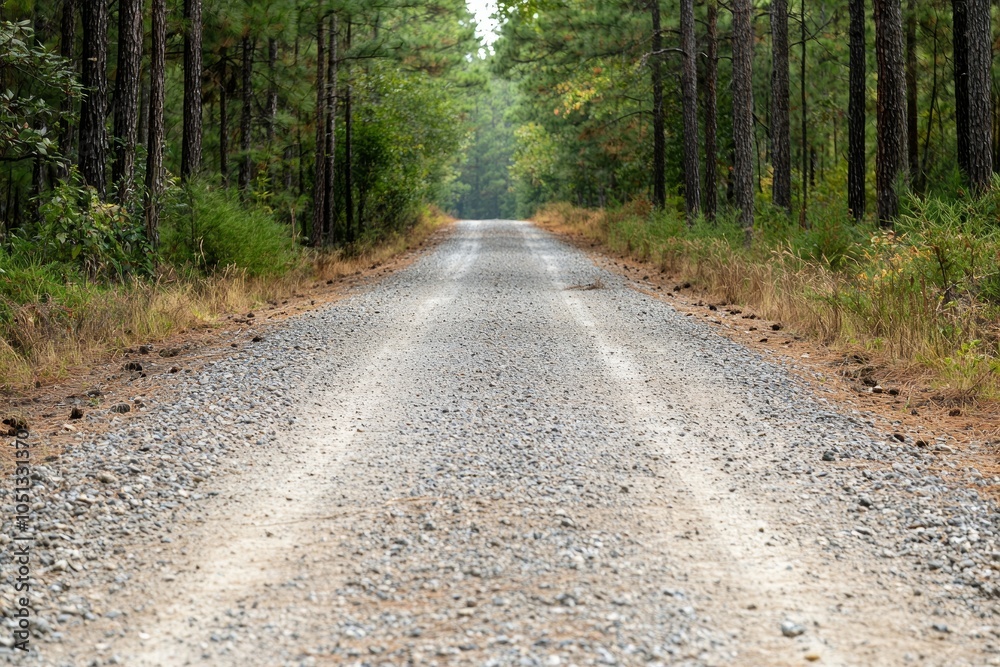 Fototapeta premium Serene Rustic Gravel Road in Pine Forest - Capturing Rural Charm and Natural Texture