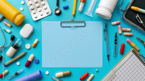 On the doctor's desk there is a tablet for notes, around there are many medicines, tablets and medical instruments. copy space and space for text photo