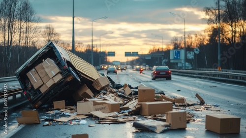 A truck has overturned on the highway, spilling cardboard boxes all over the lane, causing a traffic jam as cars maneuver past during sunset