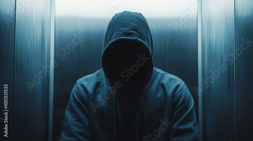 In an elevator bathed in soft blue light, a faceless figure in a hooded sweatshirt sits silently, evoking an air of suspense and mystery photo