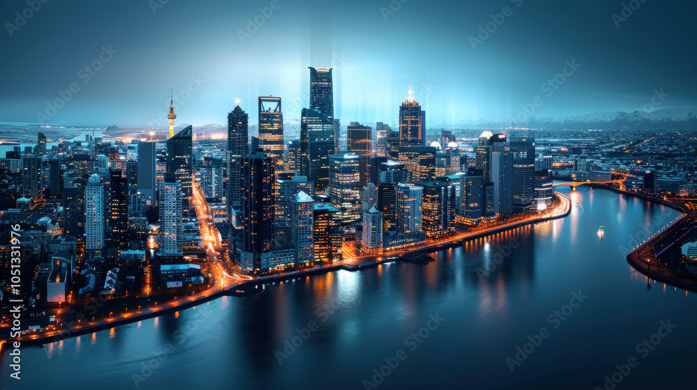 Naklejka premium stunning city skyline at night, showcasing illuminated skyscrapers reflecting on calm waters of river. vibrant lights create captivating urban atmosphere