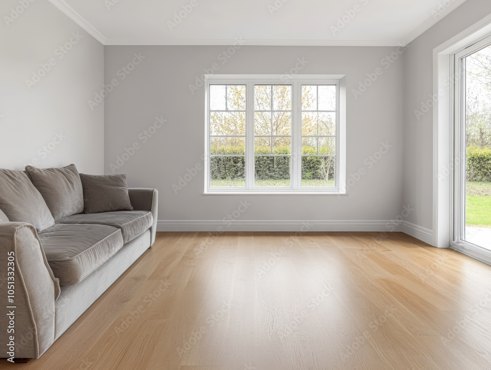 Fototapeta premium Bright and airy living room with a grey sofa and large windows overlooking a garden
