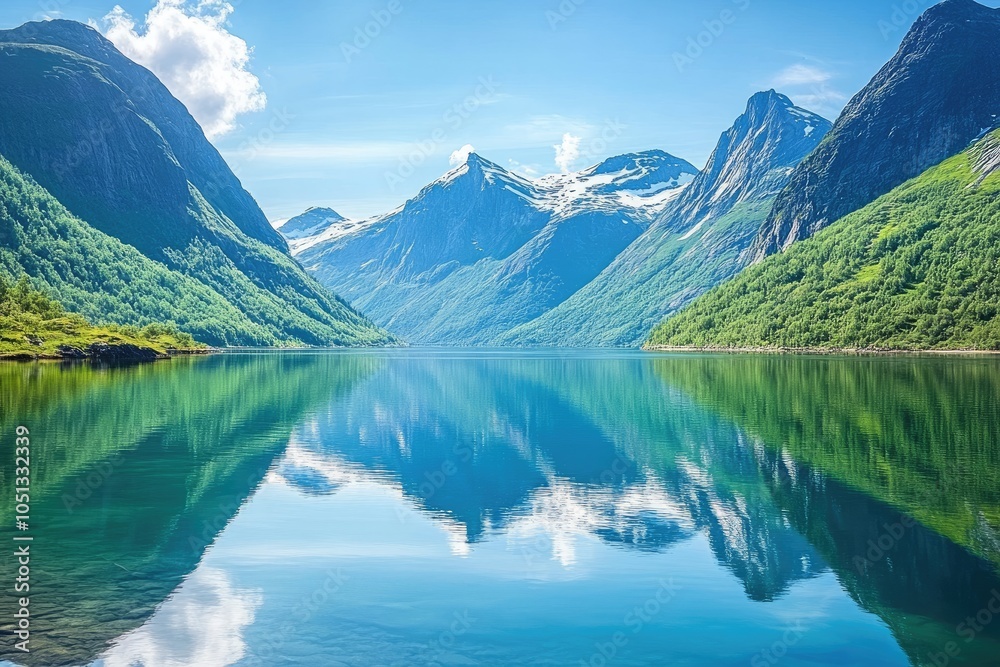 Fototapeta premium mountains reflecting in crystal-clear waters, surrounded by lush greenery and rocky terrain under a bright blue sky