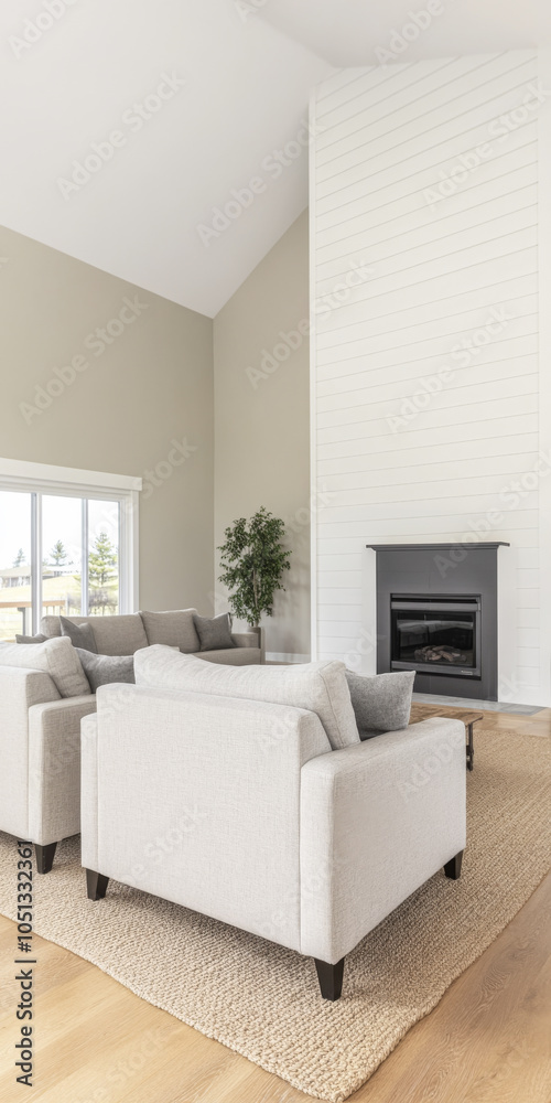 Fototapeta premium Modern living room with cozy furniture and a fireplace in a bright, inviting home setting