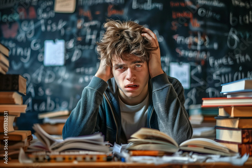 A young male student appears overwhelmed and frustrated amidst a clutter of books and a chalkboard filled with notes in the background