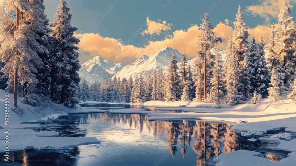 Fototapeta premium A picturesque winter scene with snow-covered trees and a frozen lake reflecting the mountains and sunset sky.