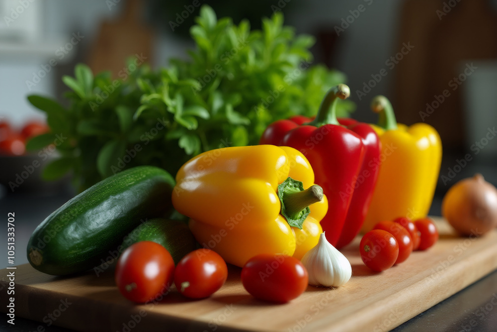 Wooden board in kitchen with fresh vegetables platter. Wooden board in kitchen with fresh vegetables platter.
