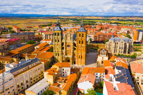 Aerial view of colorful Astorga cityscape with ancient Cathedral and Episcopal Palace, Spain