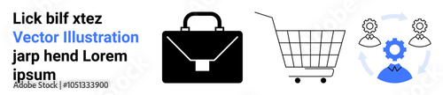Black briefcase, shopping cart, and blue gears with arrows signify business, e-commerce, and workflow. Ideal for business, e-commerce, workflow, management, and integration. Banner for landing page