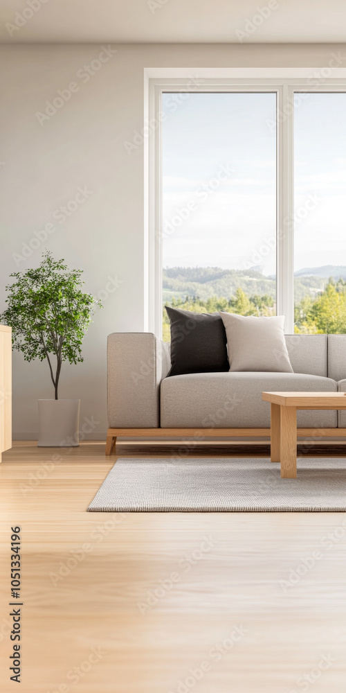 Fototapeta premium Modern living room with a cozy sofa and scenic view in a bright, airy space