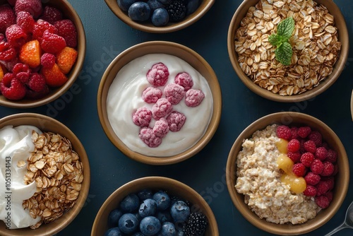 Colorful spread of oatmeal bowls featuring a variety of unique toppings for a delicious breakfast experience.