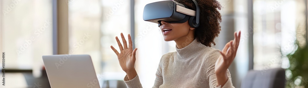 Woman Experiencing Virtual Reality at Work with VR Headset and Laptop in Modern Office Environment Woman Experiencing Virtual Reality at Work with VR Headset and Laptop in Modern Office Environment