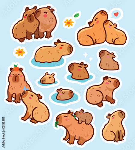 Sticker set with capybara family characters