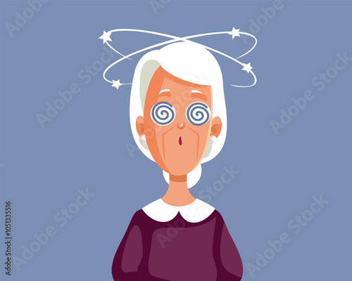Elderly Woman Feeling Sick and Nauseated Vector Cartoon Illustration. Senior grandma suffering from vertigo dizziness 
