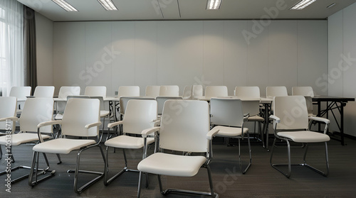 Empty white chair arrange in row for seminar.generative.ai