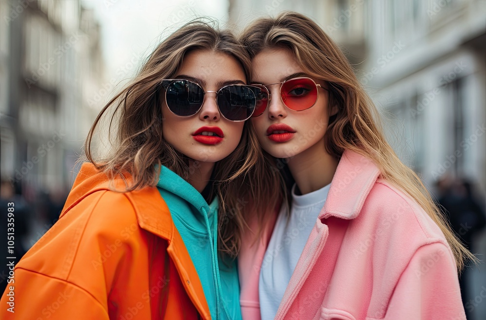 Two young women posing for the camera in trendy streetwear. One is wearing an orange jacket and sunglasses with her hair down, while the other is dressed in a red hooded coat with brown shades Two young women posing for the camera in trendy streetwear. One is wearing an orange jacket and sunglasses with her hair down, while the other is dressed in a red hooded coat with brown shades