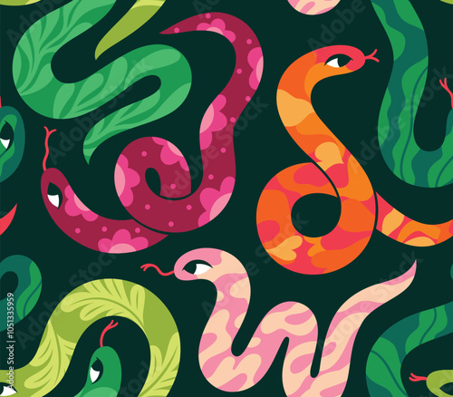 Tropical snakes isolated on dark green seamless pattern.