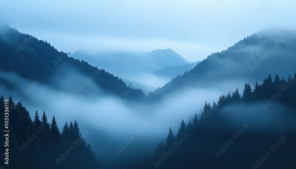 Obraz premium Misty blue mountains with dense fog rolling through evergreen forests.