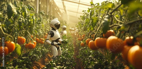 Futuristic robots harvesting tomatoes in a greenhouse setting photo