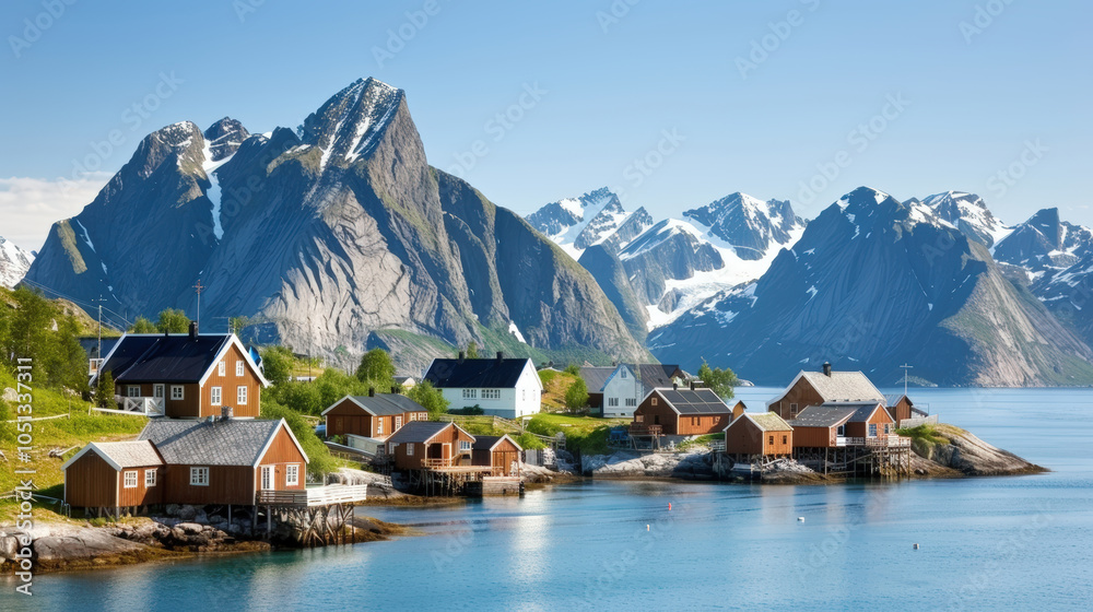 Fototapeta premium Majestic Lofoten peaks tower above picturesque Reine village, showcasing stunning natural beauty and serene waters. vibrant houses reflect charm of this idyllic location