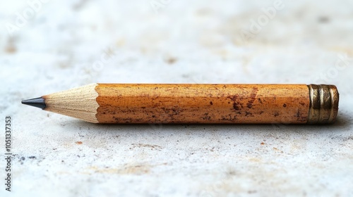 A Worn Wooden Pencil with a Metal Tip on a Rough White Surface photo