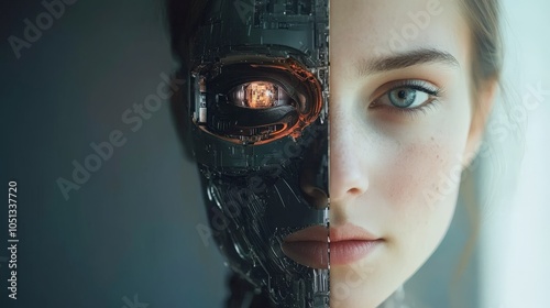 Half human half robot face showing advanced ai technology concept photo