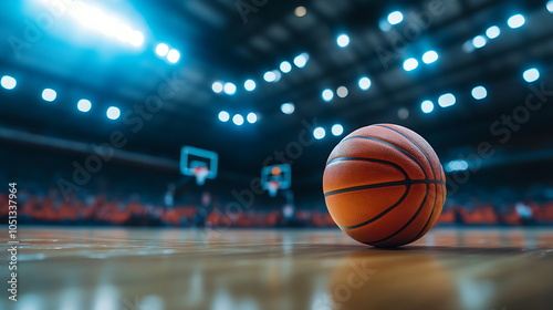 A basketball on a court with the spotlight, Generative AI