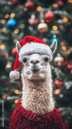 Xmas vibes - christmas mood - happy funny cute llama / alpaca wearing santa claus hat in front of christmas tree. Vertical banner for instagram story, reel or tiktok	 photo