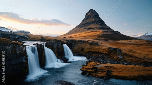 Majestic Kirkjufell mountain stands tall against serene landscape, with cascading waterfalls flowing into tranquil river. warm hues of sunset create breathtaking scene