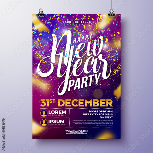 Happy New Year 2025 Party Celebration Poster Template Illustration with Typography Lettering on Falling Confetti Background. Vector New Year Eve and Christmas Holiday Flyer Design. Premium Invitation