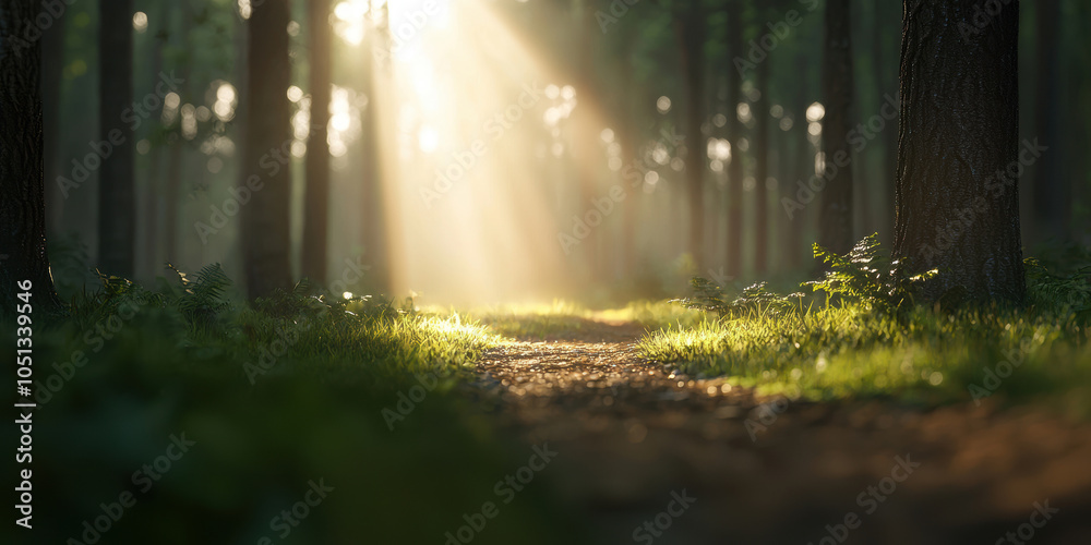 Fototapeta premium Sunlight streaming through a forest path, illuminating the green foliage.