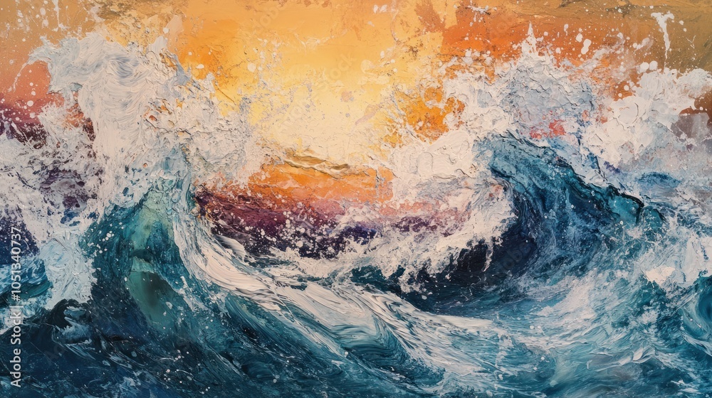 Naklejka premium Close-up of a large, foamy wave crashing with a vibrant sunset in the background.