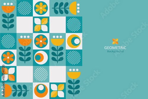 A geometric background with bright colors of teal, orange, yellow, and white. The design includes a grid of various floral, leaves, half-circles, and striped circles.