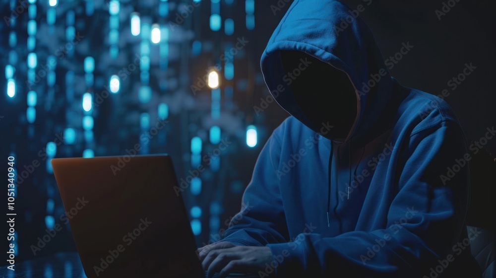 Mysterious Figure in Blue Hoodie Uses Laptop in Dimly Lit Room