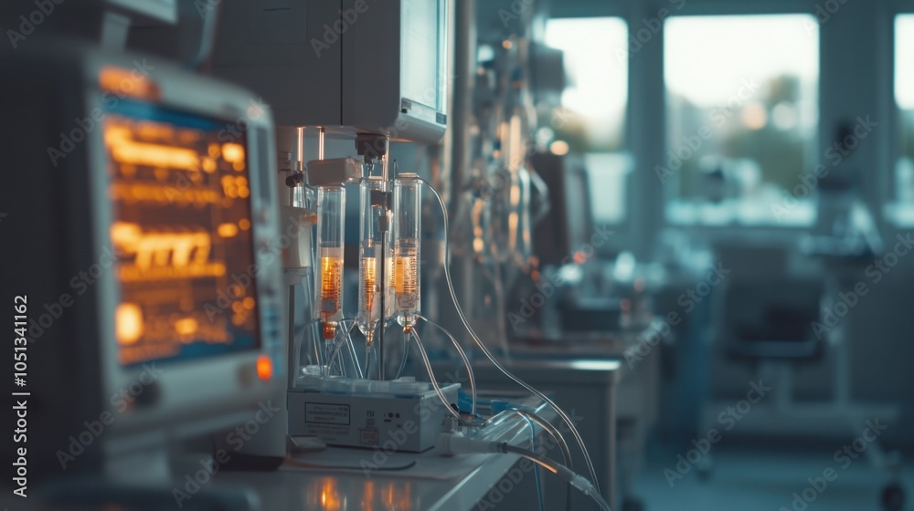 Side view of the chemotherapy equipment setup, focusing on the meticulous process of treatment Side view of the chemotherapy equipment setup, focusing on the meticulous process of treatment