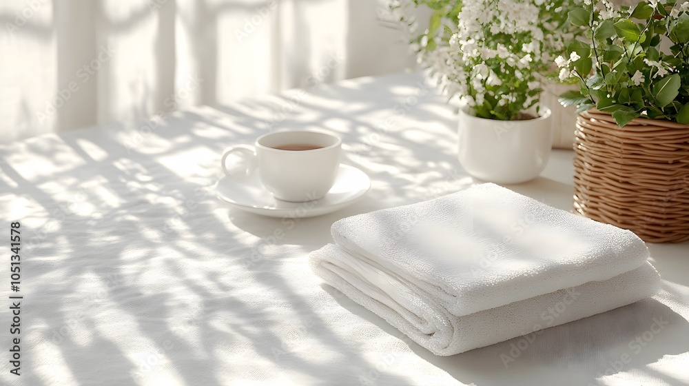 Cozy Morning Setting with Towels and Tea Cozy Morning Setting with Towels and Tea