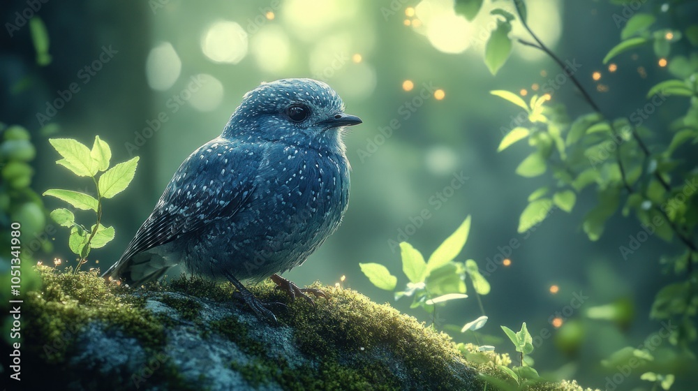 Fototapeta premium A small blue bird perches on a mossy log in a lush, sun-dappled forest, surrounded by vibrant green foliage and sparkling lights.