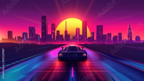 Retro Cityscape with a Sports Car